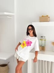 Hibiscus Baskılı Oversize T-Shirt %100 Pamuklu