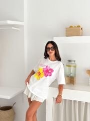 Hibiscus Baskılı Oversize T-Shirt %100 Pamuklu
