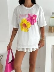 Hibiscus Baskılı Oversize T-Shirt %100 Pamuklu
