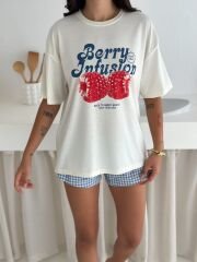 Berry Baskılı Oversize T-Shirt %100 Pamuklu