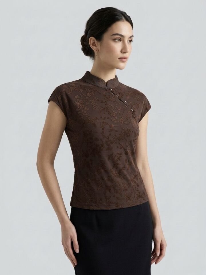 Kahverengi Qipao Stil Dantelli Bluz